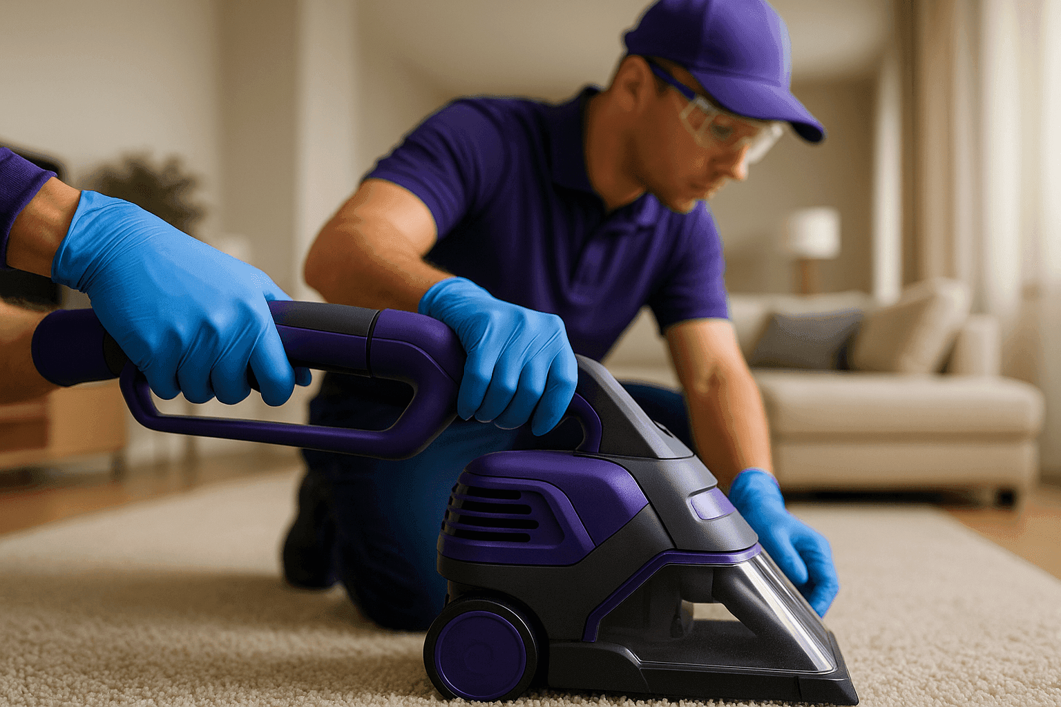 Professional carpet cleaning technician using machine in bright residential living room
